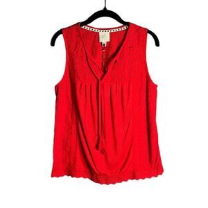 Knox Rose Red Sleeveless Top With Eyelet Detail and Tassels Size Small